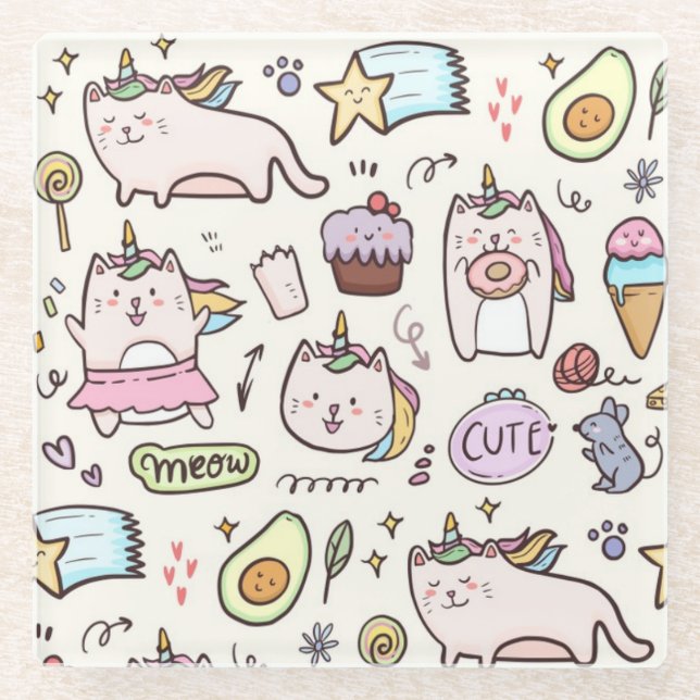 Cute Unicorn Cats Glass Coaster (Front)