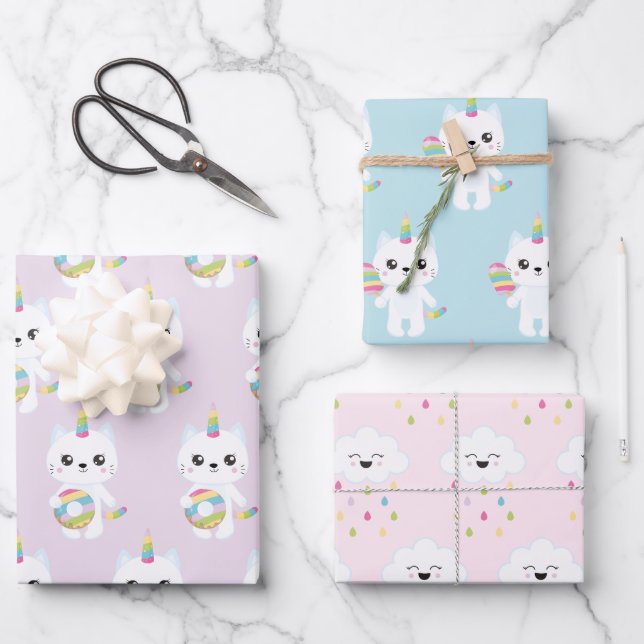 Cute Unicorn Cats - Kids Birthday  Wrapping Paper Sheet (Front)