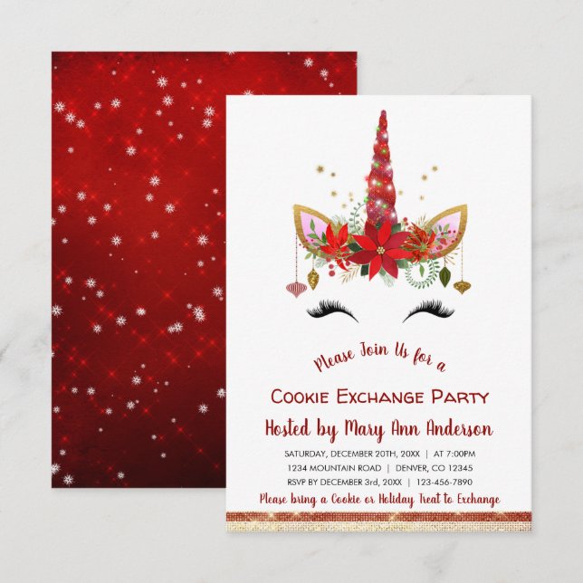 Cute Unicorn Christmas Cookie Exchange Party Invitation (Front/Back)