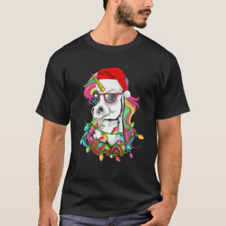 Cute Unicorn Christmas Lights Santa Hat Xmas Pajam T-Shirt