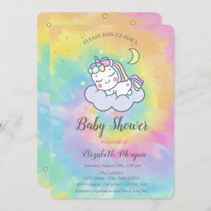 Cute Unicorn, Cloud, Stars Tie Dye Baby Shower Invitation