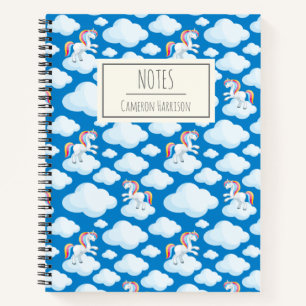 Cute Unicorn Clouds Whimsical Blue Personalised Notebook