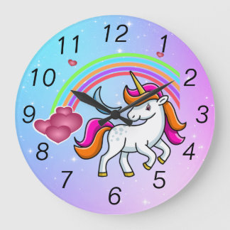 Cute Unicorn, Colorful Rainbow Large Clock