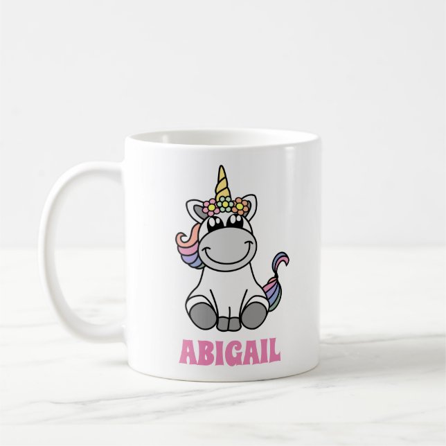 Cute Unicorn Colourful Personalised Custom Name Coffee Mug (Left)