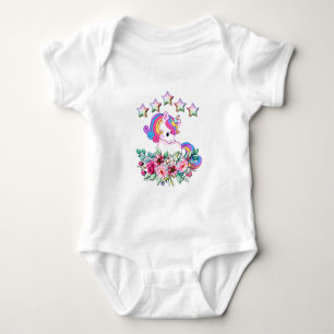 Cute Unicorn, Colourful Stars And Watercolor Flora Baby Bodysuit