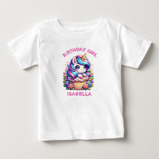 Cute Unicorn & Cupcake Personalised Birthday Girl Baby T-Shirt (Front)