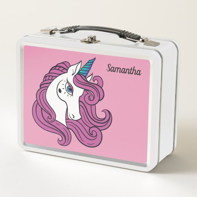 Cute Unicorn custom name & colour lunch boxes (Front)