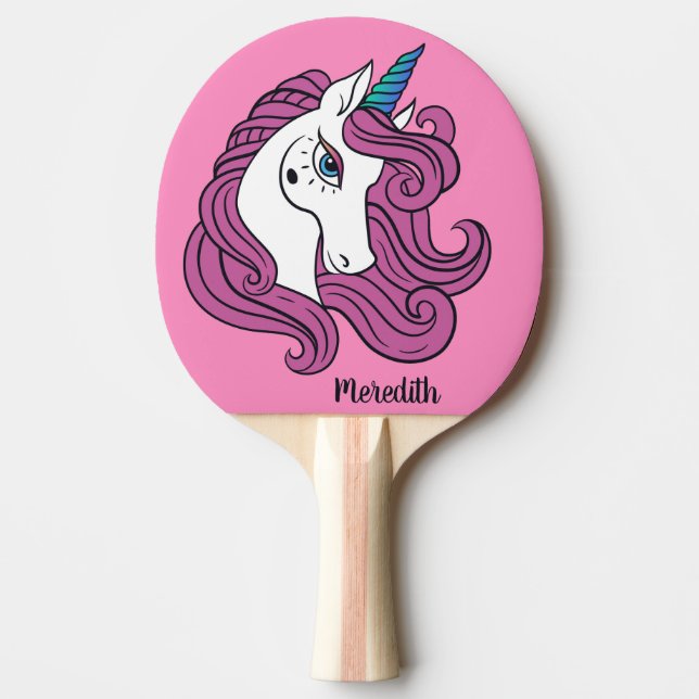 Cute Unicorn custom name & colour ping pong paddle (Front)