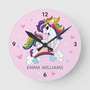 Cute Unicorn custom Name Pink Wall Round Clock