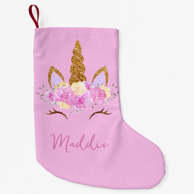 Cute Unicorn Custom Name Small Christmas Stocking (Front)