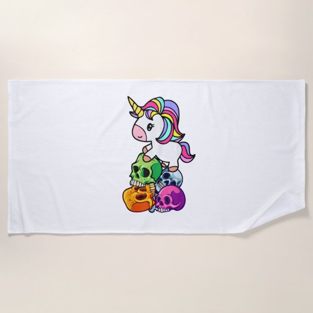 Cute Unicorn & Dead Skulls. Funny Goth Emo Hallowe Beach Towel (Front)