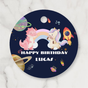 Cute Unicorn Dinosaur Galaxy Rocket birthday party Favour Tags