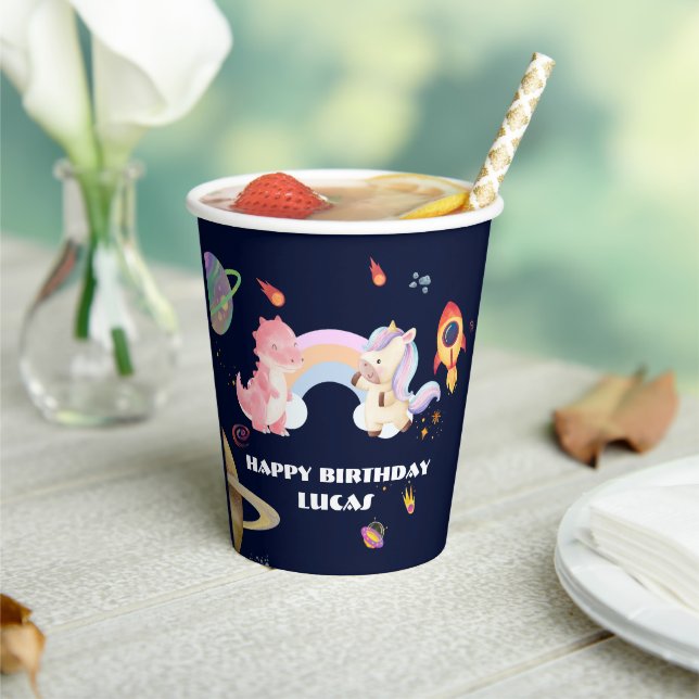 Cute Unicorn Dinosaur Galaxy Rocket birthday party Paper Cups (Insitu)