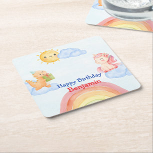Cute unicorn Dinosaur rainbow Birthday Party Square Paper Coaster