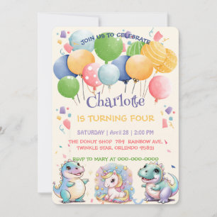 Cute unicorn Dinosaur rainbow friend Birthday kids Invitation