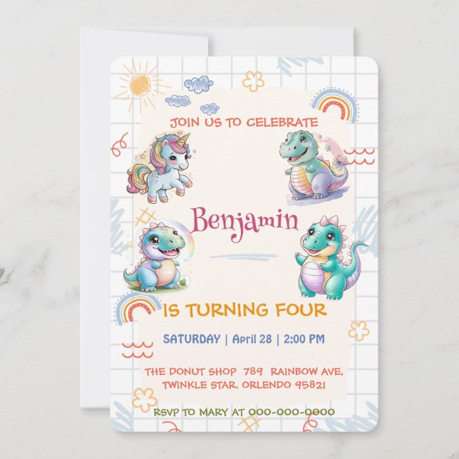 Cute unicorn Dinosaur rainbow friends Birthday par Invitation (Front)
