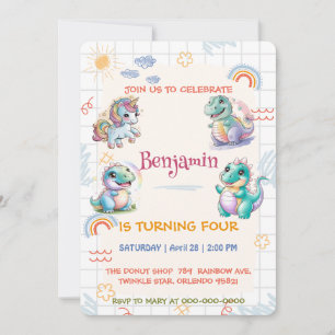 Cute unicorn Dinosaur rainbow friends Birthday par Invitation