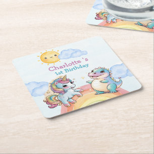 Cute unicorn Dinosaur rainbow friends Birthday par Square Paper Coaster