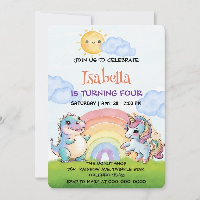 Cute unicorn Dinosaur rainbow Sky Birthday kids Invitation (Front)