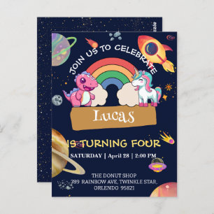 Cute Unicorn Dinosaur rainbow space birthday party Postcard