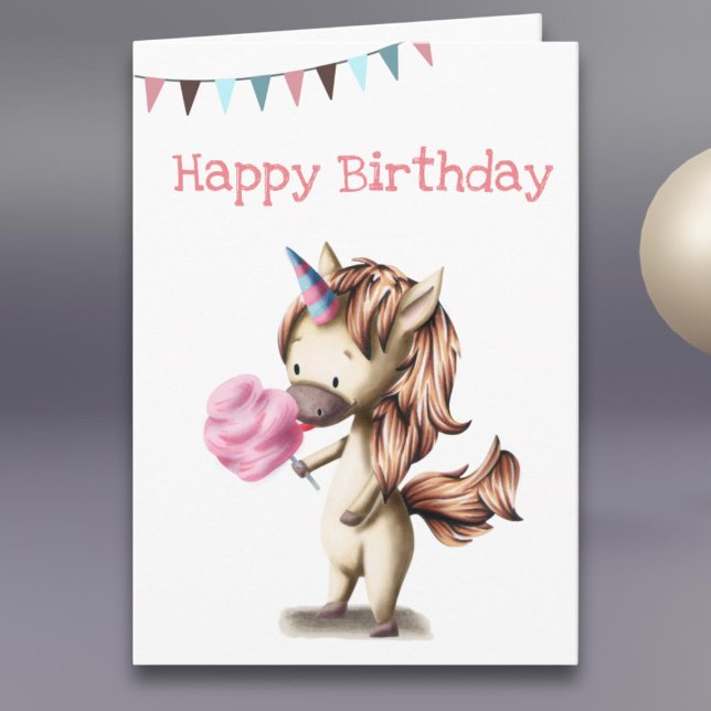 Cute unicorn eating pink cotton candy birthday card (Creator Uploaded)