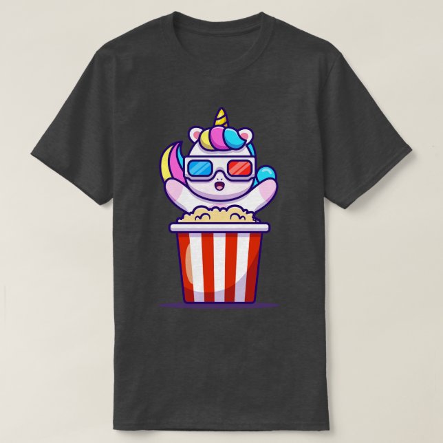 Cute Unicorn Eating Popcorn  T-Shirt (Design Front)
