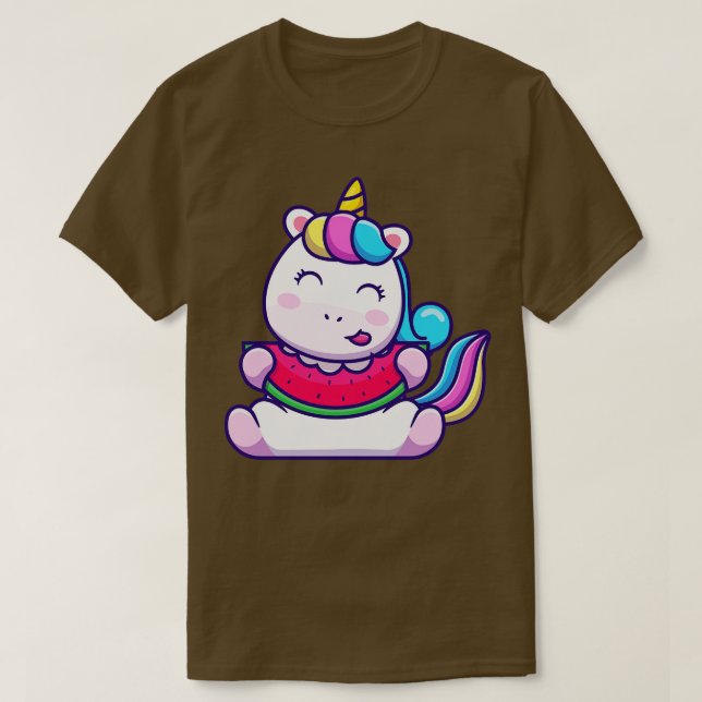 Cute Unicorn Eating Watermelon  T-Shirt (Design Front)