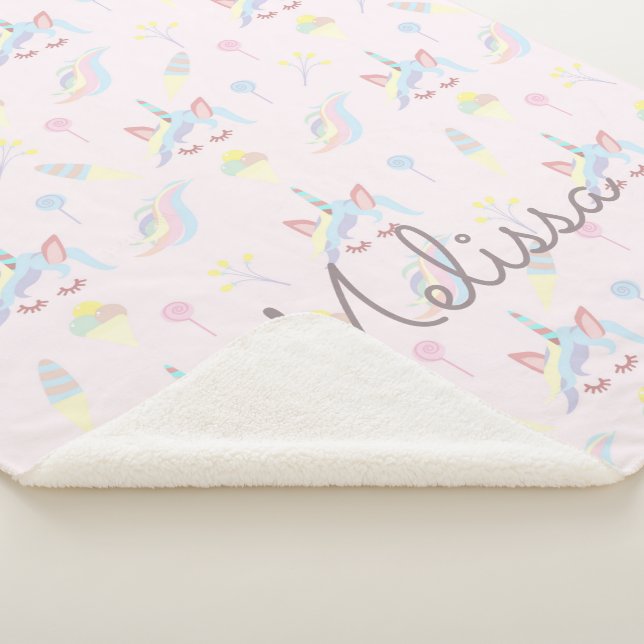 cute unicorn emoji pastel monogram sherpa blanket (3/4)