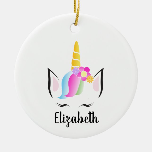 Cute Unicorn Eyelashes Personalised Christmas Ceramic Tree Decoration (Front)
