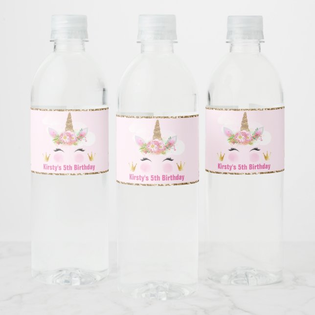 Cute Unicorn Face & Gold Glitter Birthdayl Water Bottle Label (Bottles)