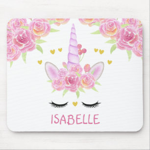 Cute Unicorn Face Pink Flowers Gold Hearts Mouse Pad