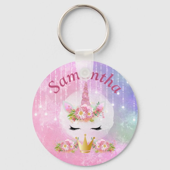 Cute Unicorn Face Pink Flowers Key Ring (Front)