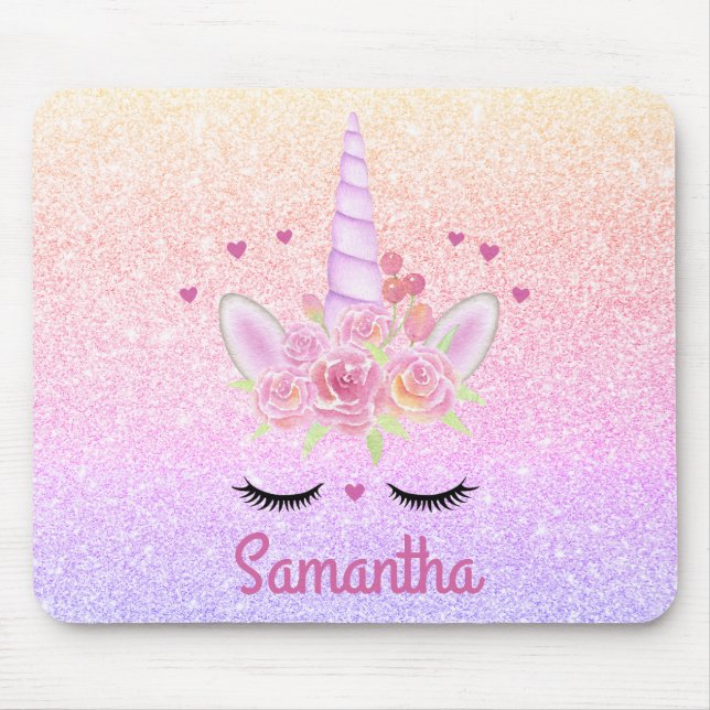 Cute Unicorn Face Rainbow Glitter Pink Hearts  Mouse Pad (Front)