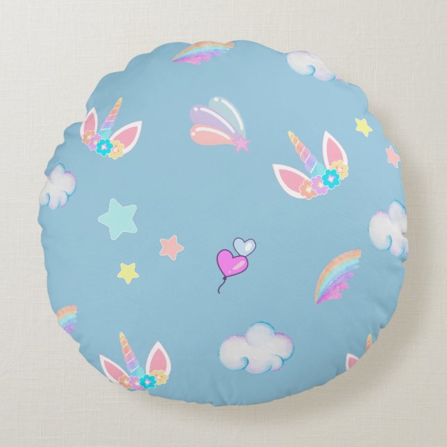 Cute Unicorn face rainbow gradient birthday party  Round Cushion (Front)