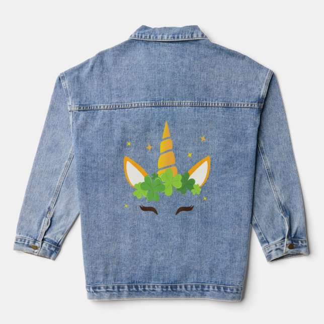 Cute Unicorn face St Patricks days girls kids  Denim Jacket (Back)