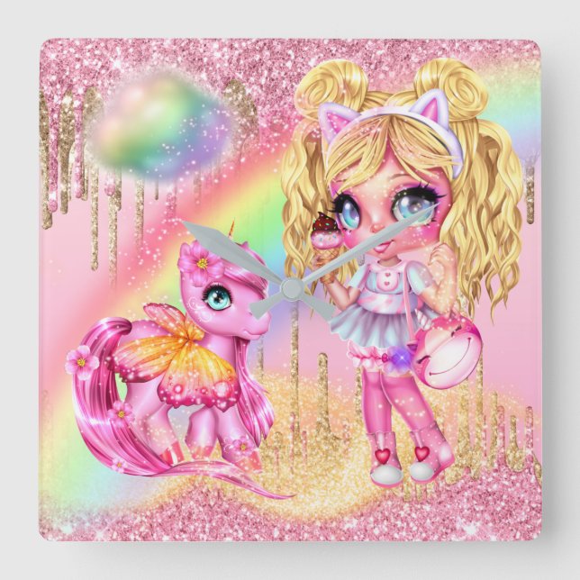 Cute unicorn fairy girl rainbow glitter fantasy square wall clock (Front)