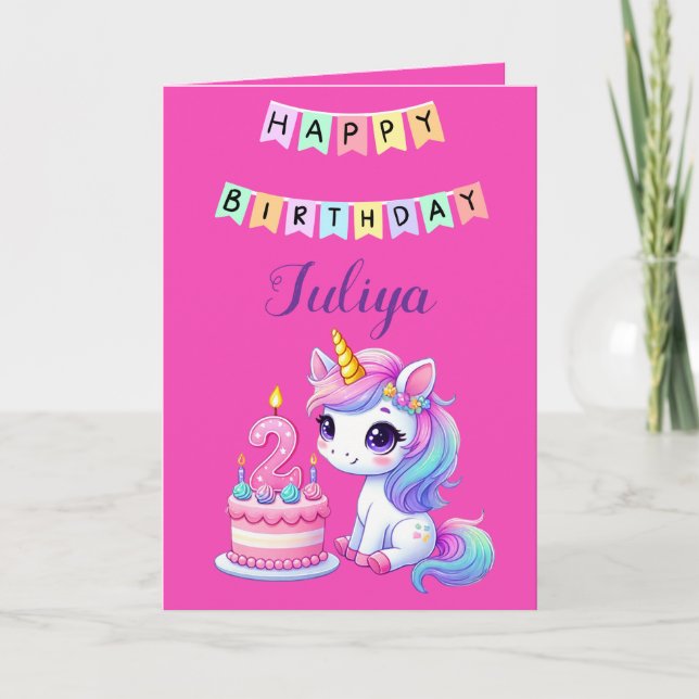 Cute unicorn family photo 2nd birthday card (Front)