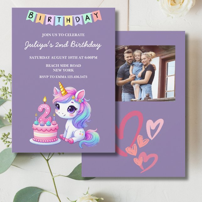 Cute unicorn family photo purple 2nd birthday  invitation (Creator Uploaded)