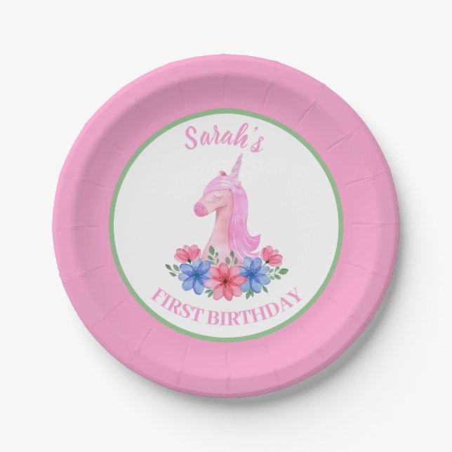 Cute Unicorn First Birthday Personalised Paper  Plate (Front)