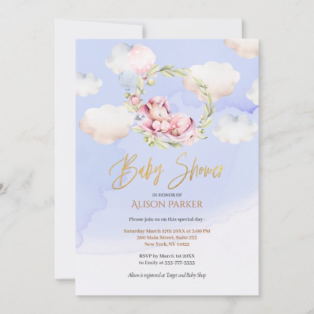 Cute Unicorn Floral Greenery Blue Sky Baby Shower Invitation (Front)