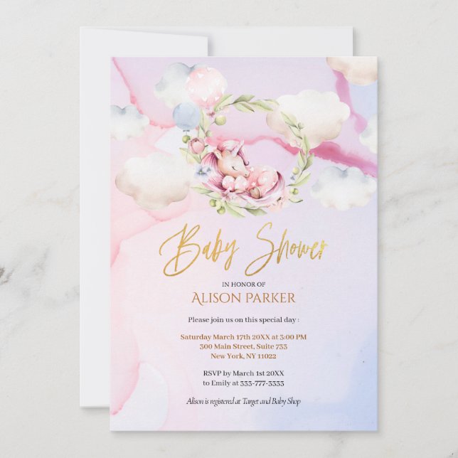 Cute Unicorn Floral Greenery Pink Sky Baby Shower Invitation (Front)