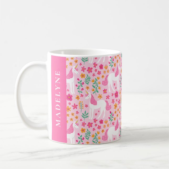 Cute Unicorn Floral Pattern Pink Personalised Name Coffee Mug (Left)