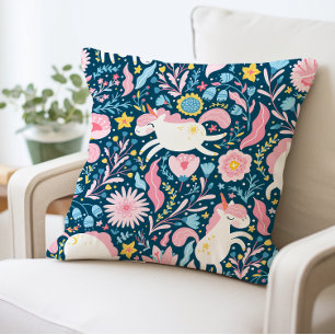Cute Unicorn Floral Pillow, Whimsical Animal  Cushion