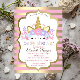 Cute Unicorn,Floral,Stripes Baby Shower Invitation