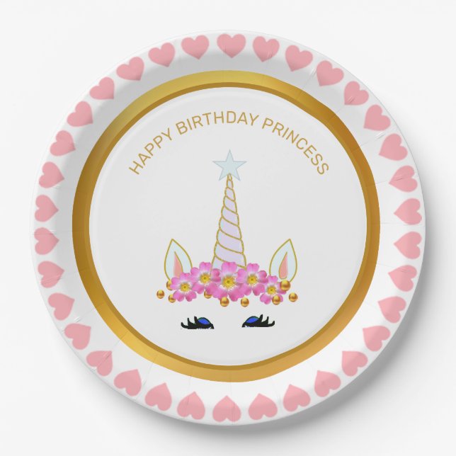 Cute Unicorn, Flowers and Gold Dots Paper Plate (Front)