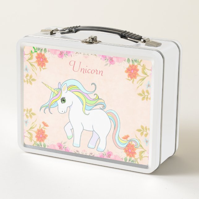  Cute Unicorn & Flowers on Light Pink Metal Lunch Box (Front)