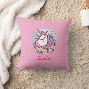 Cute Unicorn & Flowers, Personalise Name Cushion