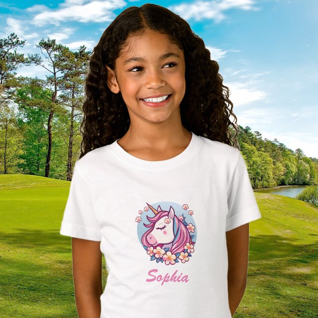 Cute Unicorn & Flowers, Personalise Name T-Shirt (Creator Uploaded)