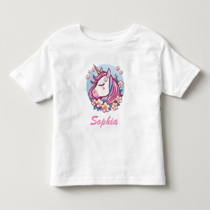 Cute Unicorn & Flowers, Personalise Name Toddler T-Shirt