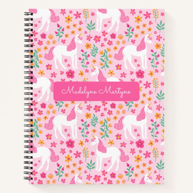 Cute Unicorn Flowers Pink Personalised Name Notebook (Front)